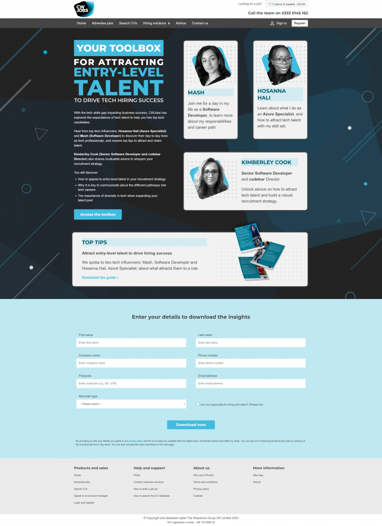 Gated landing page to promote a report and video content in partnership with tech content creators and experts
